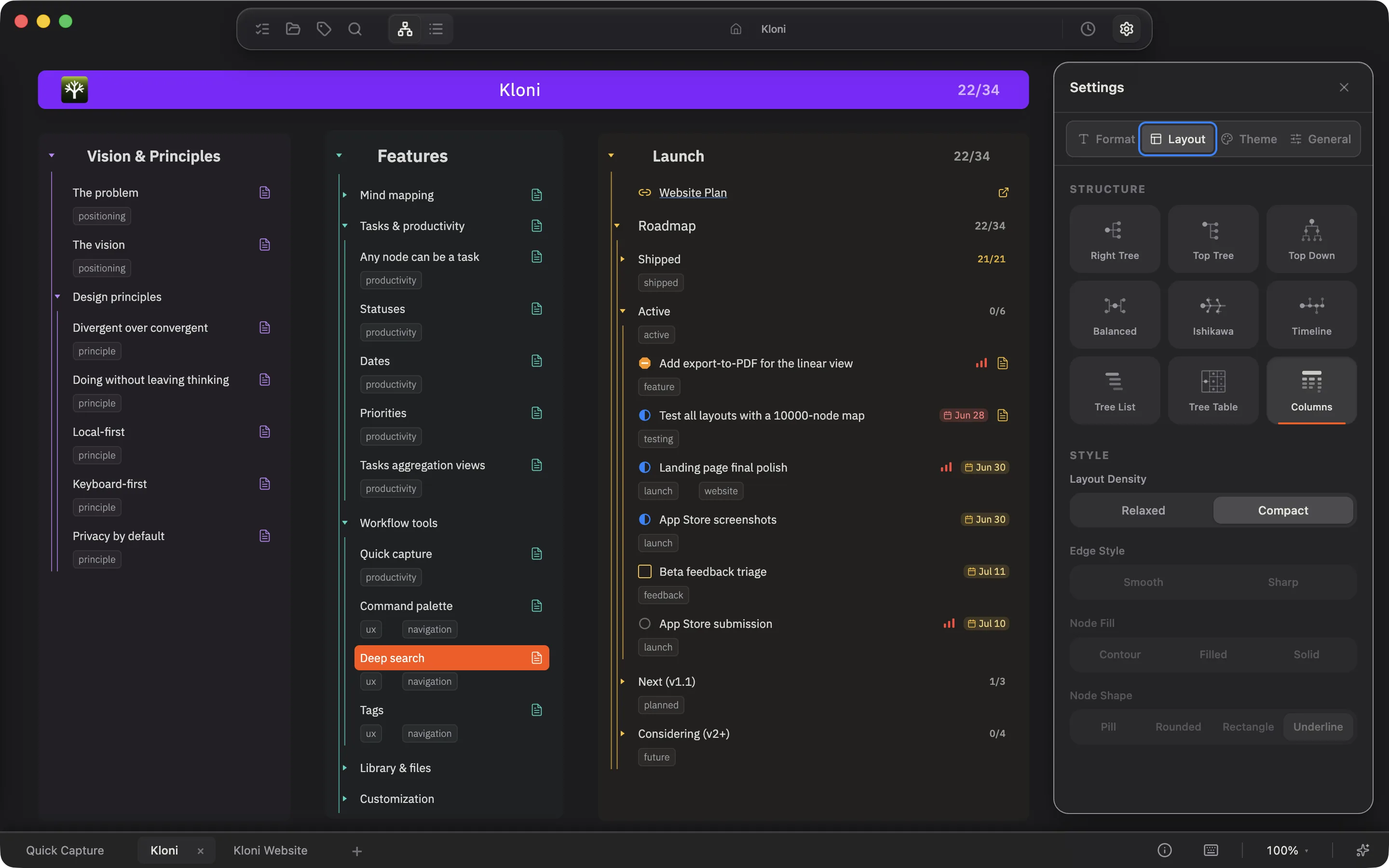 Kloni in Columns layout with the layout picker open in Settings