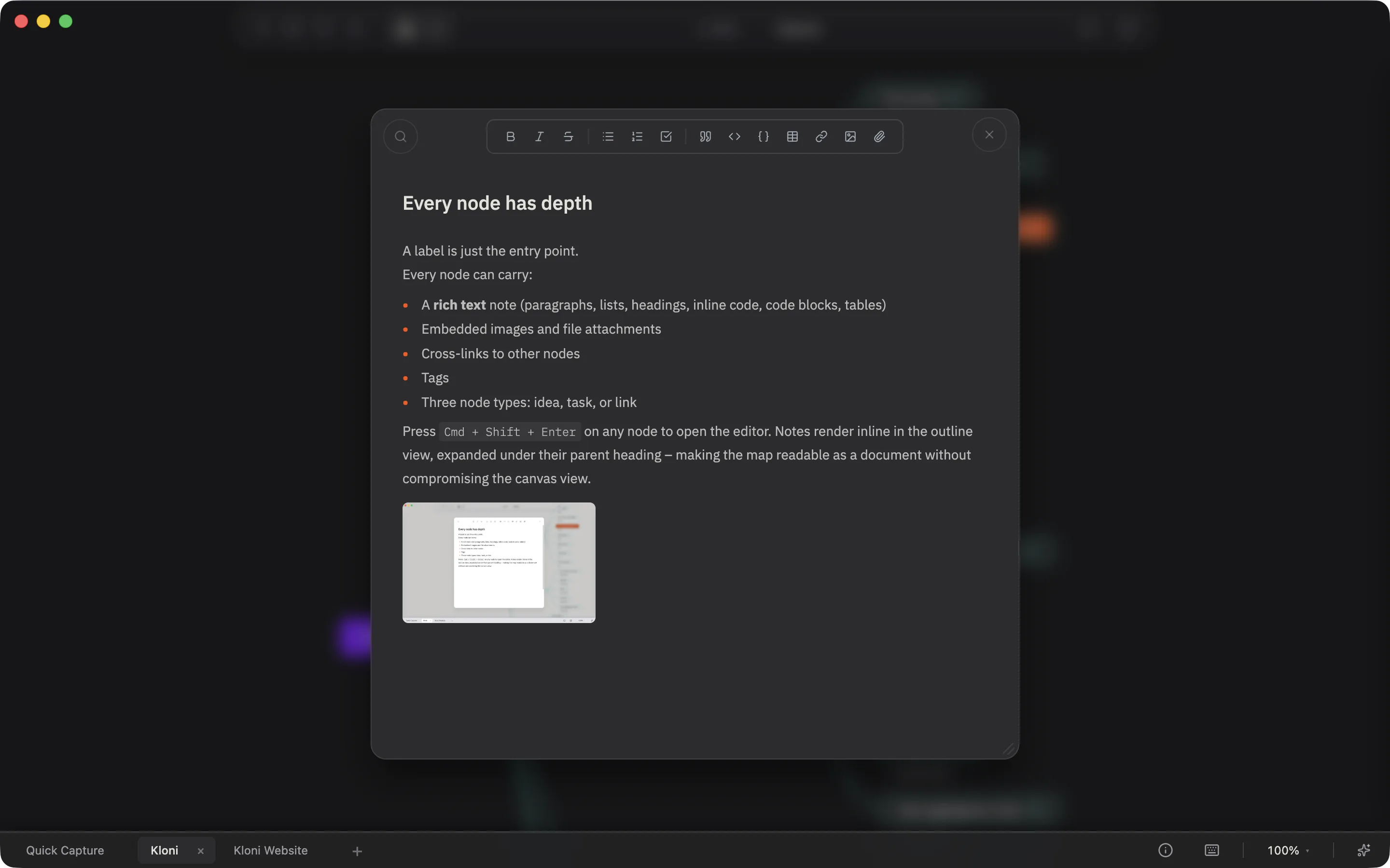 A Kloni node with rich note content — formatted text, lists, and an embedded image