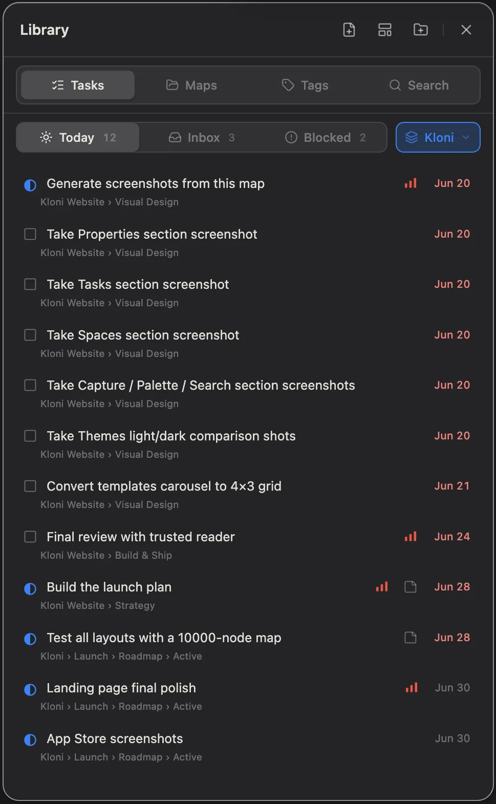 Kloni Tasks tab — Today view across the library